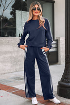 Varsity Striped Detail Crewneck Pullover Elastic Sweatpants 2pcs Outfit