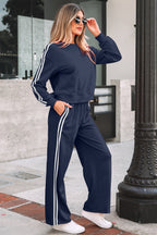 Varsity Striped Detail Crewneck Pullover Elastic Sweatpants 2pcs Outfit