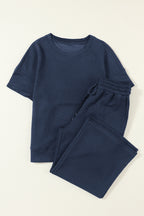Navy Blue Textured Loose Fit T-Shirt + Pant Set