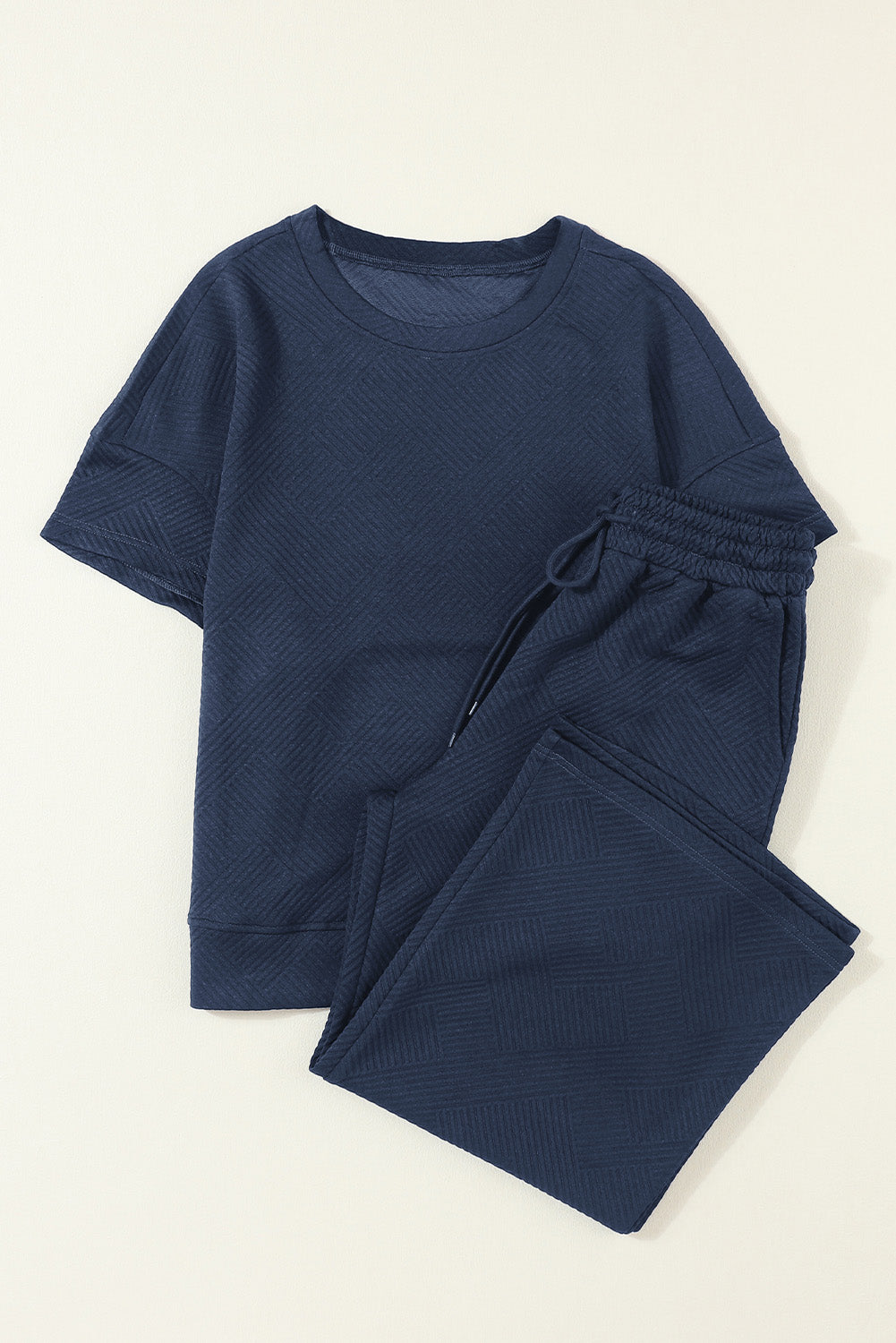 Navy Blue Textured Loose Fit T-Shirt + Pant Set