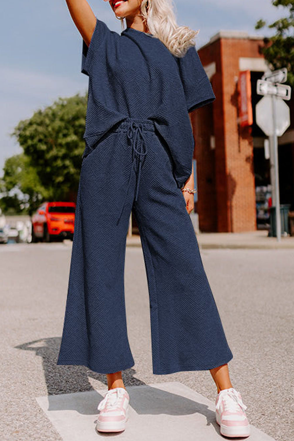 Navy Blue Textured Loose Fit T-Shirt + Pant Set