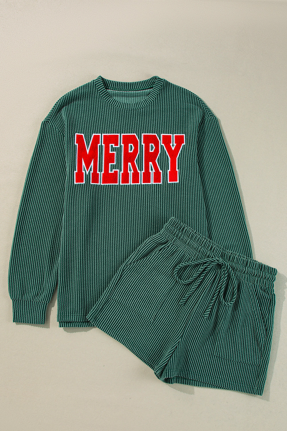 Corded MERRY Graphic Long Sleeve Top and Shorts Set